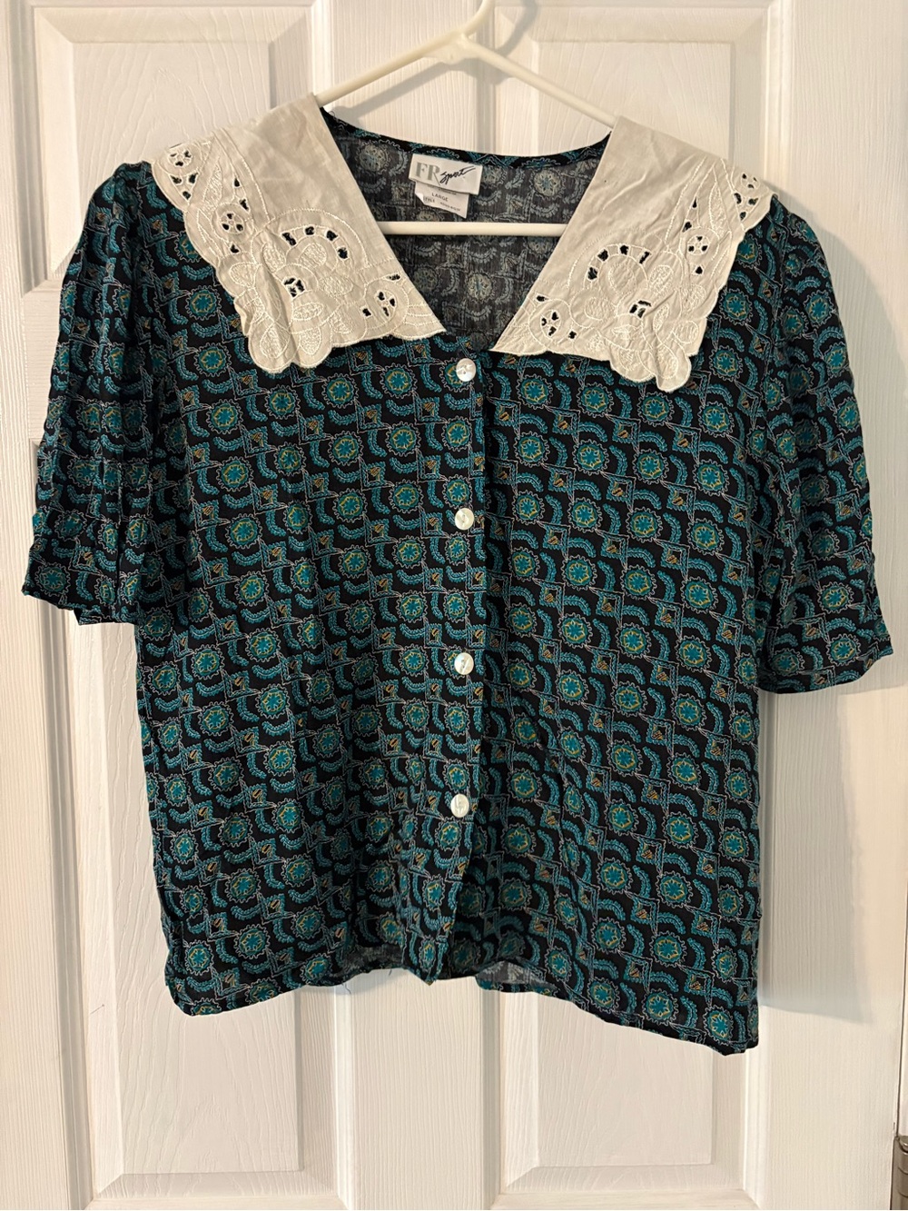 90s Vintage 2 Piece Skirt Set Eyelet Collar Rayon Made in USA L - Picture 8 of 10